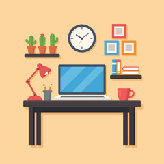 Modern workspace featuring desk with laptop, desk lamp, potted plants, clock, and decorative shelves. warm color palette creates cozy atmosphere