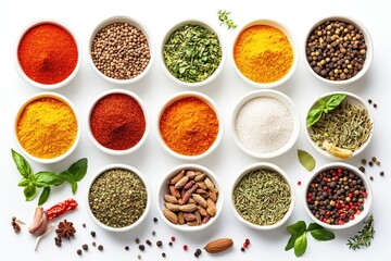 A collection of various spices, herbs, and seasonings arranged in small bowls on a white surface