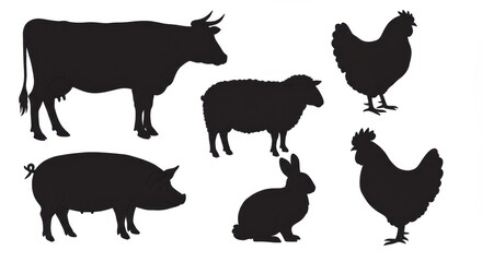 Silhouettes of farm animals: cow, sheep, pig, rabbit, chicken, rooster on white background