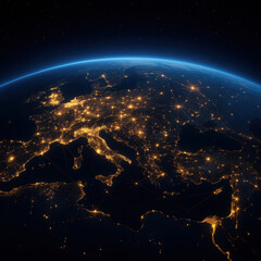 Stunning view of Europe illuminated night, showcasing vibrant city lights and intricate networks of roads and waterways. curvature of Earth