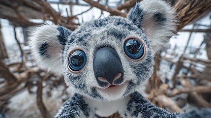 Naklejka premium A blurred background sets the scene for a close-up portrait of a koala clinging to a tree branch, promoting wildlife conservation
