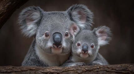 Naklejka premium Koalas huddled together on a tree stump, with lush greenery in the background, illustrate the need for wildlife conservation