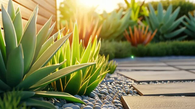 Sun-kissed Garden Oasis: A vibrant garden scene bathed in the golden sunlight, featuring lush agave plants, decorative rocks, and a stone walkway, creating a serene and inviting outdoor sanctuary.