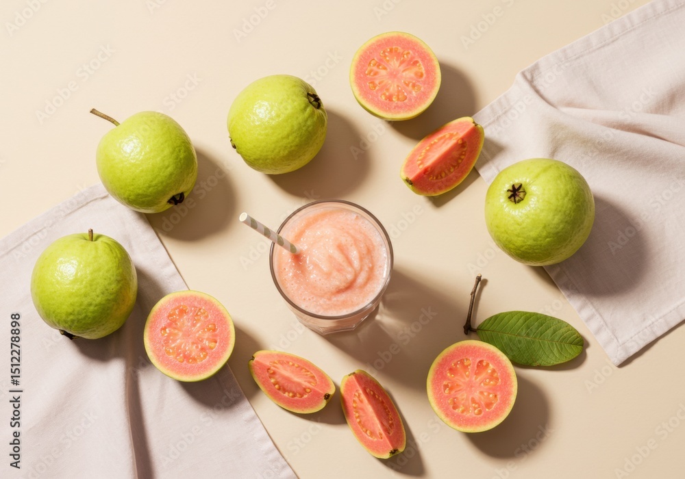 Poster refreshing guava smoothie surrounded by fresh guavas on a light background
