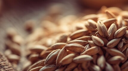 Wheat grains spill out of burlap sack on wood.Rye or barley grain,natural organic product