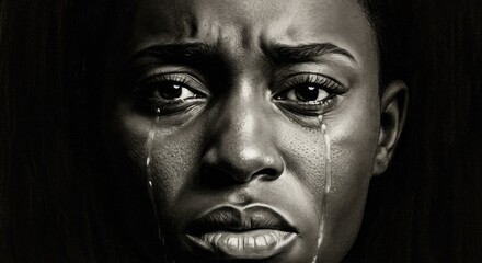 Detailed black and white portrait showcasing intense emotion and vulnerability