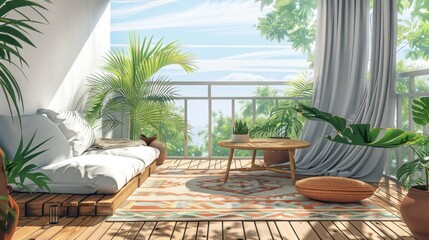 Tranquil balcony lounge, lush greenery