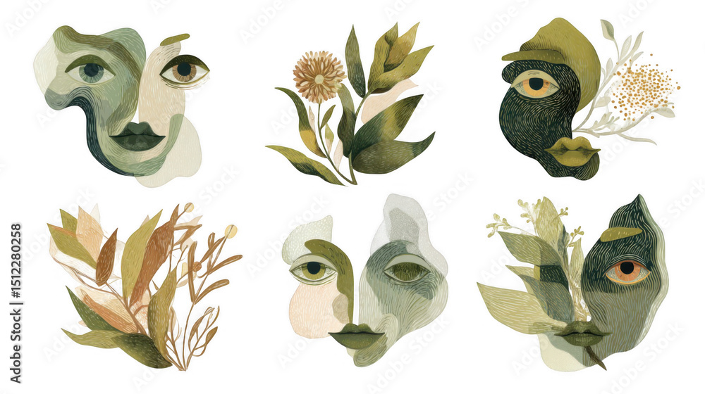 Poster surreal botanical faces and floral arrangements creating a dreamy, nature inspired atmosphere with a