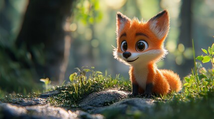 Cute cartoon fox in forest