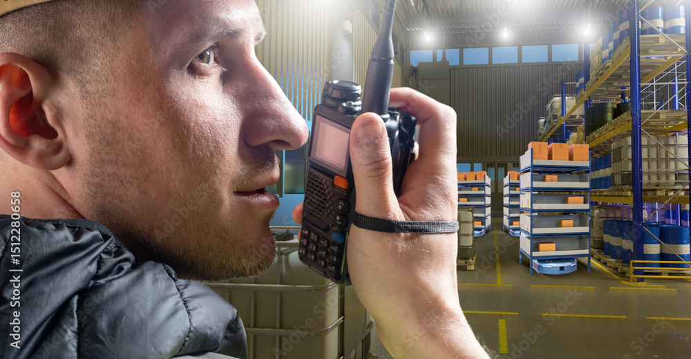 Poster male warehouse supervisor using a walkie-talkie to coordinate operations in a high-tech automated wa