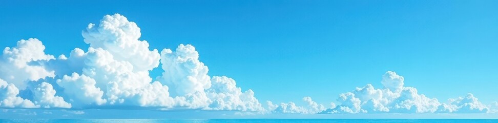 Vibrant blue sky, fluffy white clouds, tropical paradise , hazy, high angle view, sky view