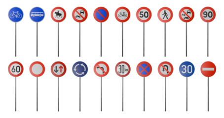 Traffic sign board set on transparent background, PNG