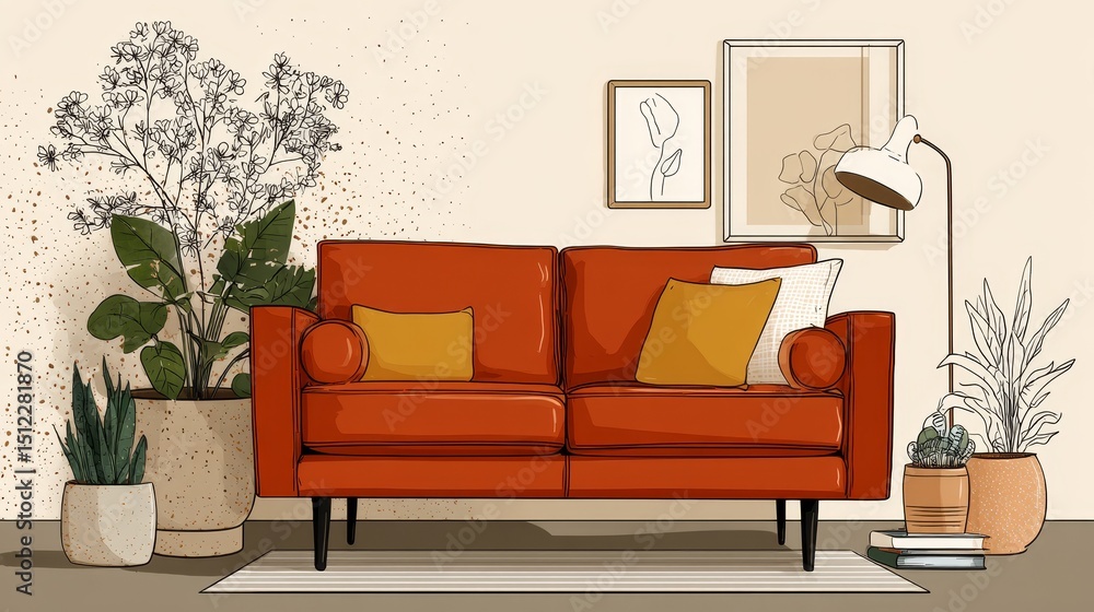 Poster minimalist sofa poster featuring a modern sofa with simple line drawing paintings and green plants o
