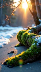 Sunlight illuminates moss-draped driftwood, winter scene , aged, texture