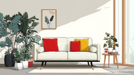 Minimalist sofa poster featuring a modern sofa with simple line drawing paintings and green plants on a white background, creating a high-end and warm atmosphere with clean design and elegant decor.