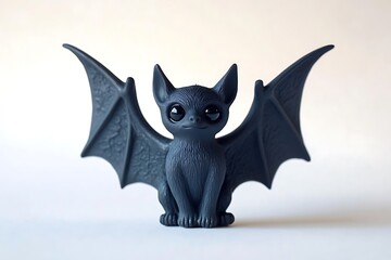 Close up of a dark grey bat figurine with large eyes and wings spread on a white background
