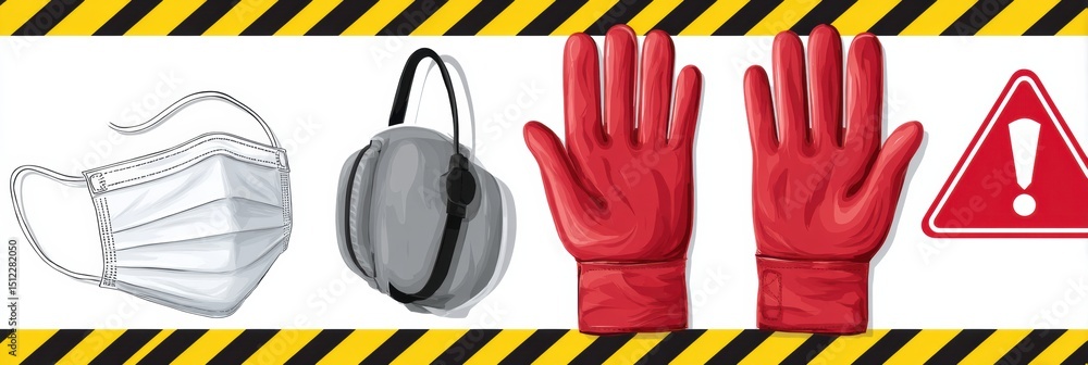 Poster safety kit featuring gloves and mask with warning banner in a bright center layout for health awaren