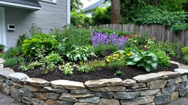 Floral Haven: A charming, well-maintained garden bed bursts with a vibrant array of colorful flowers, surrounded by a sturdy stone retaining wall, creating an oasis of natural beauty.
