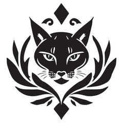 A black stencil cat face design is surrounded by stylized leaves and diamond shapes