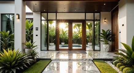 Fototapeta premium Modern luxury home exterior with glass facade and tropical landscaping at sunset