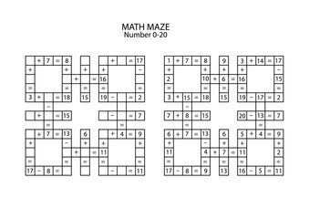 Math Maze No.3 for smart kids. Easy. Mixed Addition and subtraction 0-20 for preschool children. Kindergarten and primary school. Math Labyrinth