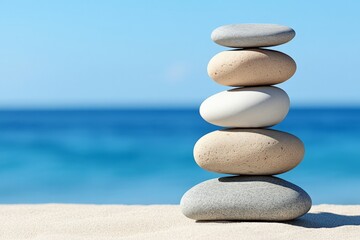 Balanced stack of smooth stones on a sandy beach with a blue sky background