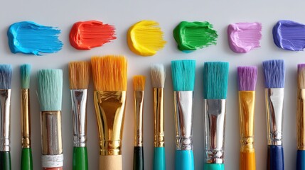 Fototapeta premium A set of paintbrushes and acrylic paints neatly arranged