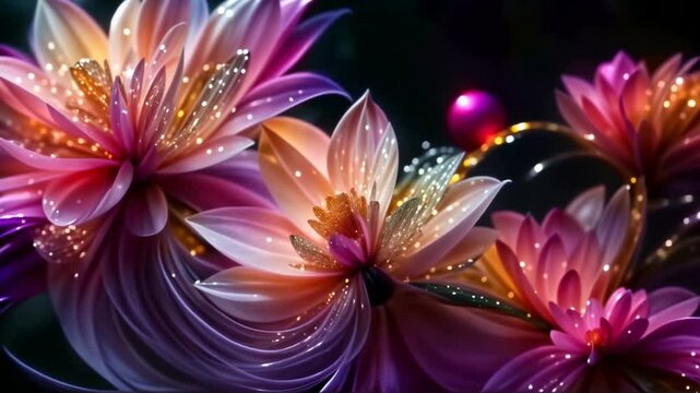 Glamorous crystal water lily flower, endlessly blooming bud with sparkle, glitter and bokeh shine on dark background. Animation loop, seamless and endless footage.