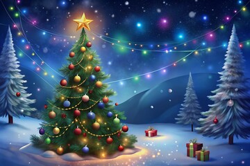 Merry Christmas Background Illuminated Tree in Snowy Landscape