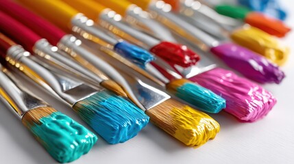 Obraz premium A set of paintbrushes and acrylic paints neatly arranged
