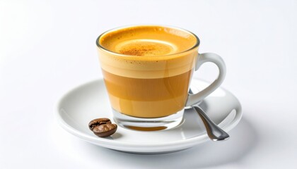 Fototapeta premium A beautifully layered latte served in a clear glass cup on a white plate with a coffee bean