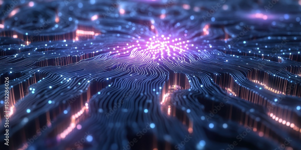 Poster abstract circuit board with glowing center data flow and neural network concept illustration