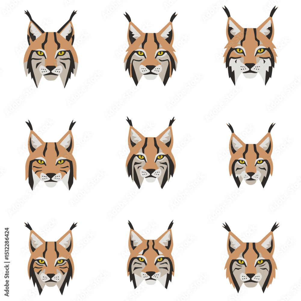 Poster a collection of nine lynx head illustrations in a grid pattern each with slight variations in design