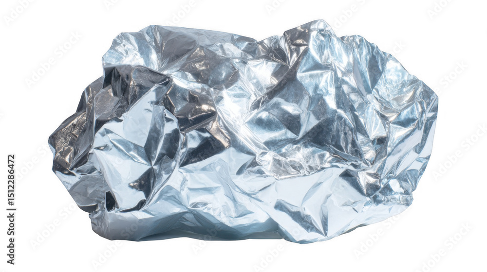 Poster crumpled piece of foil reflecting light, creating a textured and shiny surface, isolated on a transp