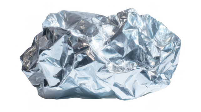 Crumpled piece of foil reflecting light, creating a textured and shiny surface, isolated on a transparent background, ready for easy integration into designs
