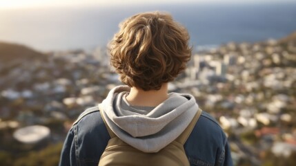 Fototapeta premium A young man with curly hair wearing a hoodie and backpack overlooking a cityscape from behind