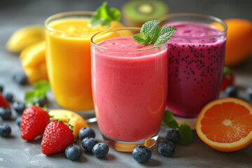 glasses of fruit smoothie with fresh fruit and mint.