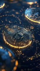 Close Up of Bitcoin Coin with Glowing Lights and Dark Blue Background for Digital Currency