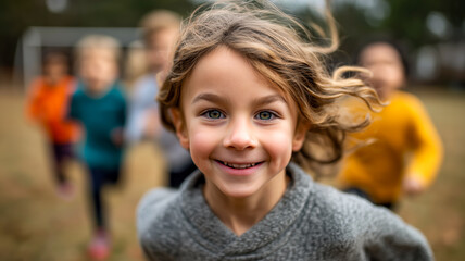 A cheerful young child with curly blonde hair smiles as they run with other children in a grassy outdoor setting.