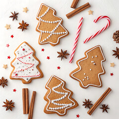 Flat lay of gingerbread cookies shaped like trees and stars, with cinnamon sticks and candy canes