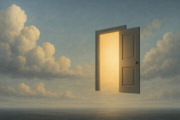 Surreal floating door glowing with golden light, set against a dreamy sky with soft clouds, symbolizing opportunity, mystery, and imagination.