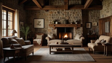 Rustic living room with stone fireplace and wooden beams