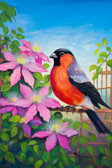 Painting style image of a Bullfinch bird perched atop garden trellis beside Clematis Montana flowers in blossom with blue visible in background 