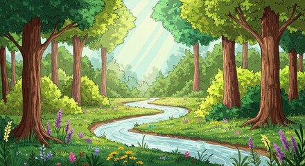 Lush forest scene with a meandering river