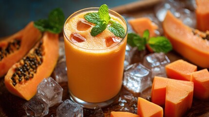 A 4K photo of papaya smoothie with mint and ice surrounded by papaya slices.