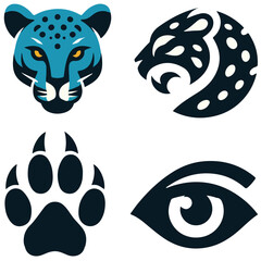 Four stylized jaguar icons including head paw profile and eye in blue black and white © dikifajarfadilah