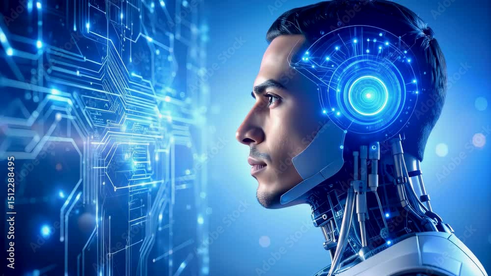 Poster a humanoid robot thinking with glowing blue circuits gazes thoughtfully at a digital world map, symb