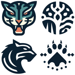 Four stylized animalthemed illustrations in black teal and peach set against a white background