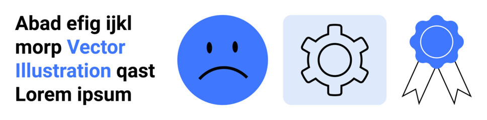 Blue sad face, outlined gear, and award ribbon capture emotions, processes, and achievements. Ideal for UX design, business communication, education, workflow feedback motivation or a simple