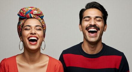 Funny best friends and couple laughing cheerfully while standing together in a studio